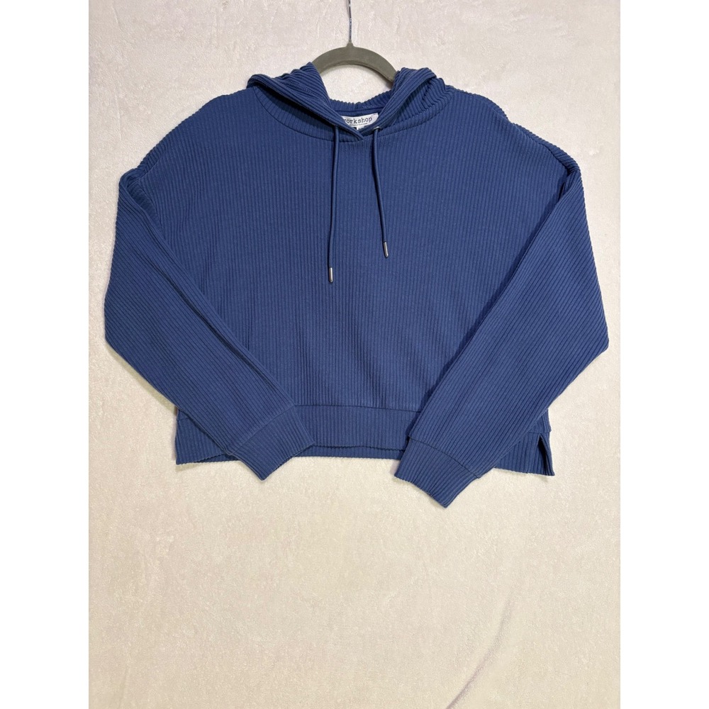 Workshop Republic Clothing Blue Ribbed Knit Cropped Hoodie Sweatshirt Loungewear